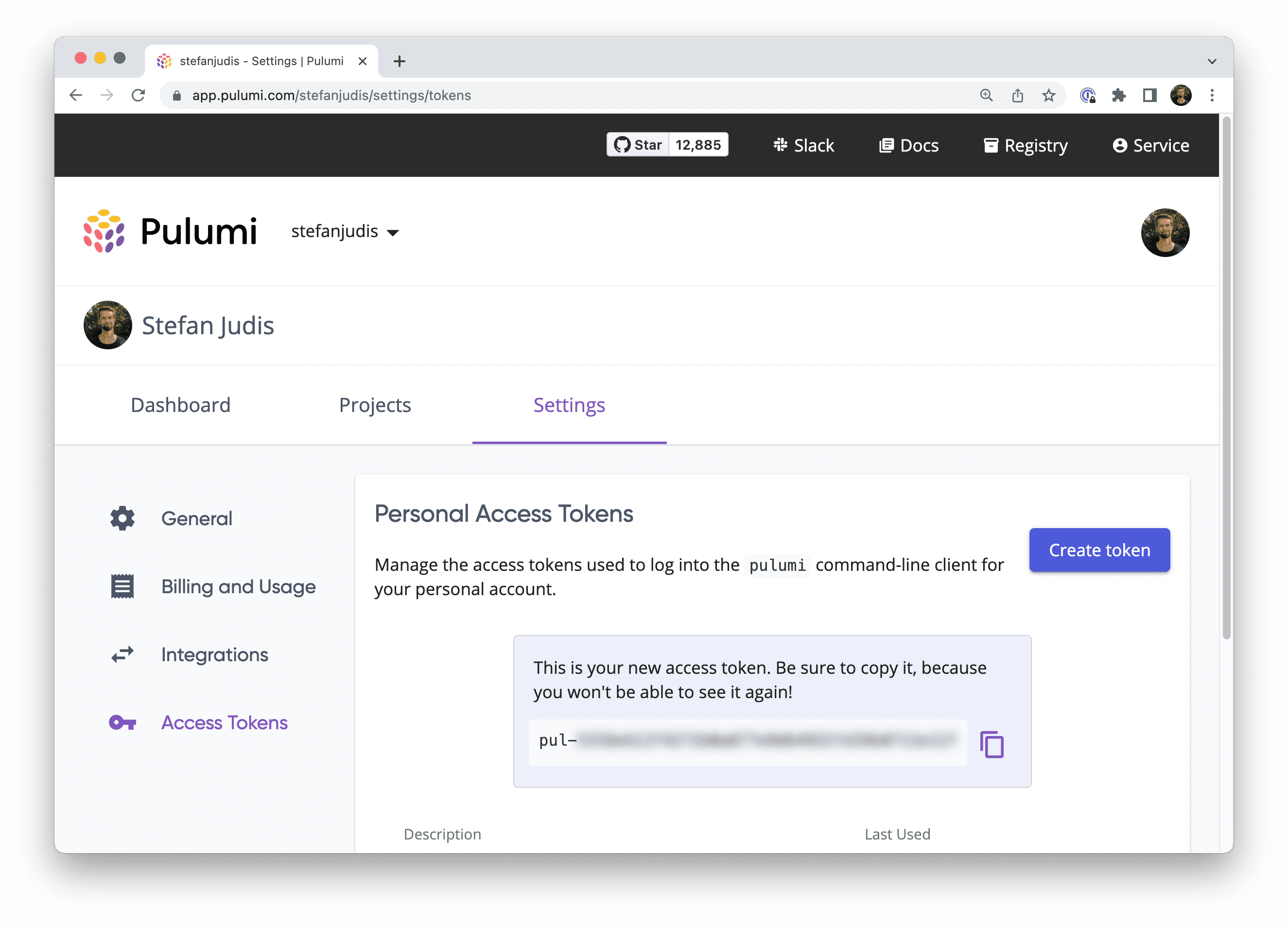 Pulumi access token configuration screen showing a newly created token